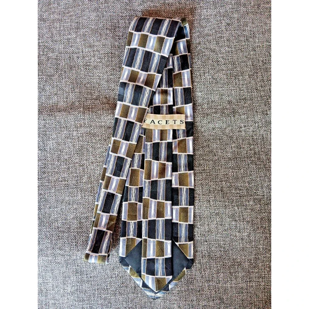 Tie 70s 80s 90s Y2K Mens Facets Silk Black Green Gray 3.75 Wide 58 Long